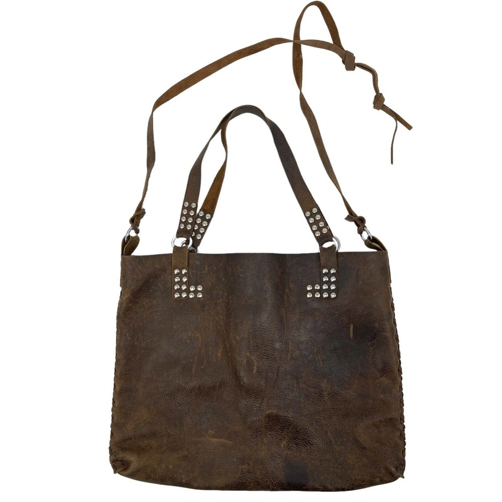 Paolo Angelucci Studded Leather Tote Bag Brown Purse Full Grain Distressed